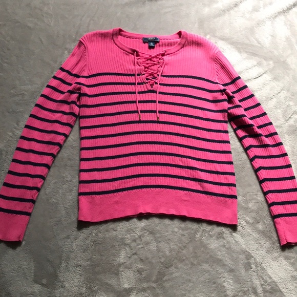 Chaps Pink and Black Striped Tie Sweater - Picture 2 of 4